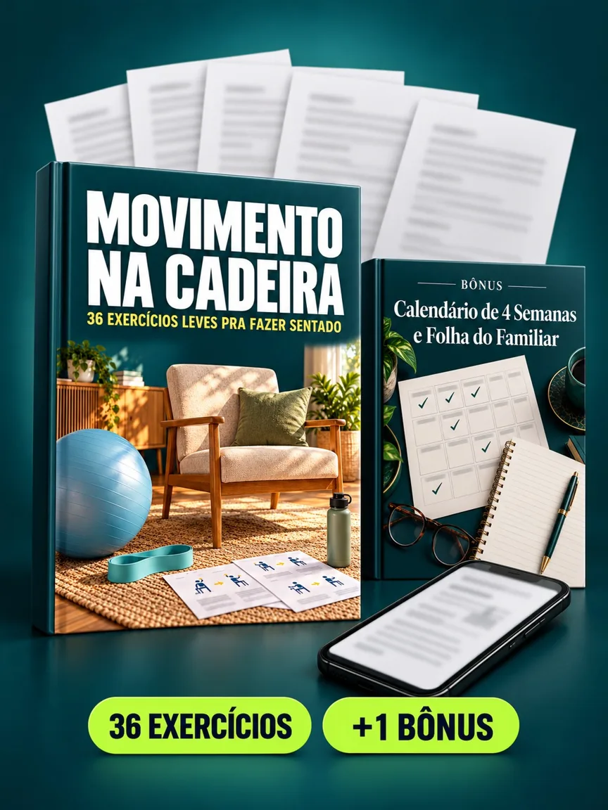 Montagem ilustrativa do Movimento na Cadeira: livro com a capa, páginas do material e celular e capas dos bônus